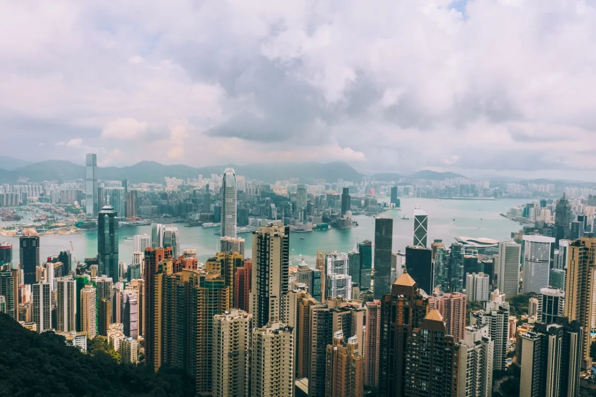 Aerial photograph of the Hong Kong skyline over Victoria Harbour